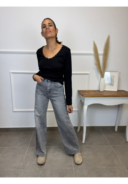 JEANS HIGH LEGHT GRIS DETALLE BORDADO 5198