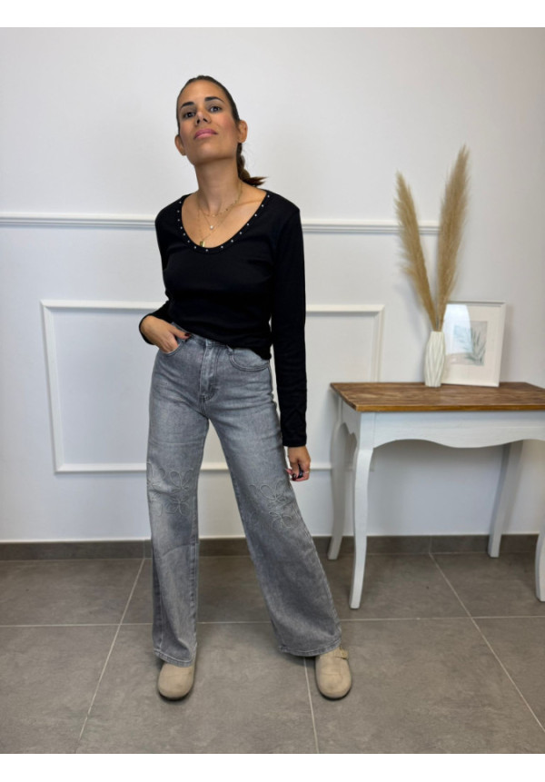 JEANS HIGH LEGHT GRIS DETALLE BORDADO 5198