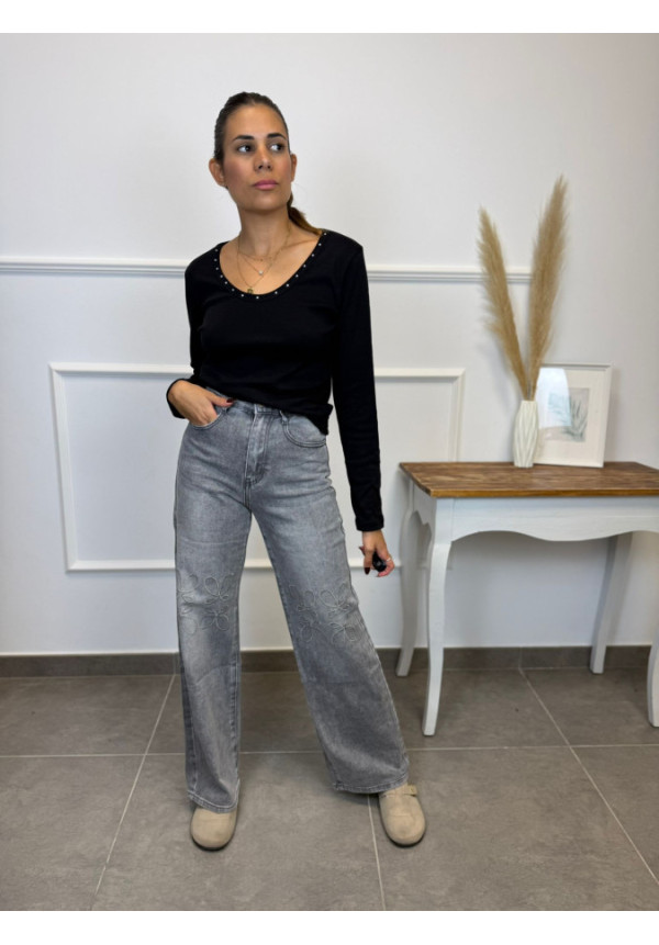 JEANS HIGH LEGHT GRIS DETALLE BORDADO 5198