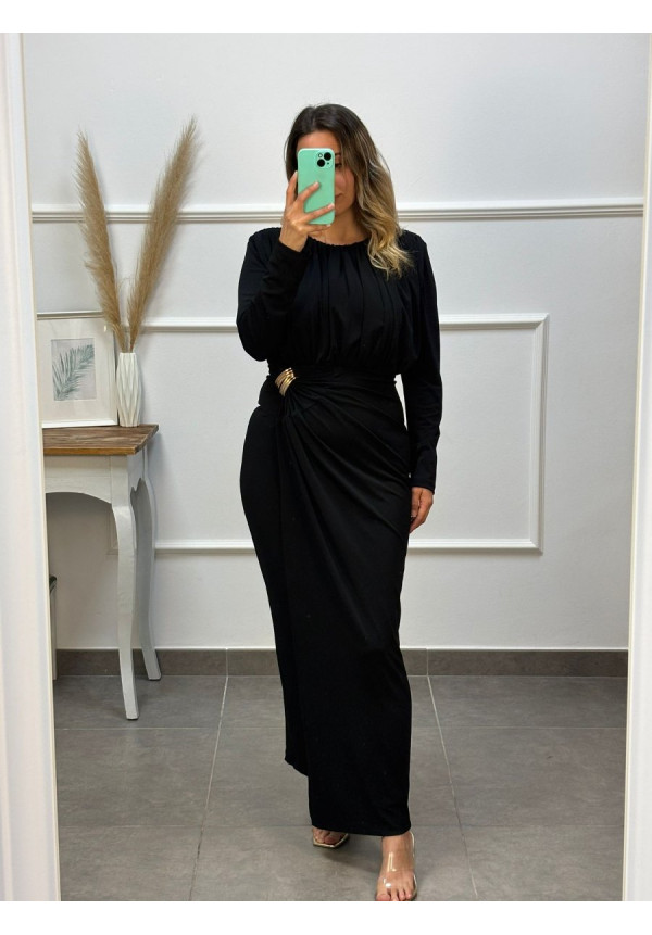 VESTIDO BROCHE DORADO AL LADO MANGA LARGA 19468