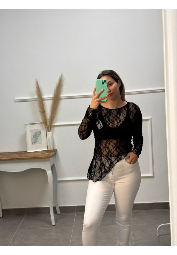 CAMISA MANGA LARGA ENCAJE CORTE CEJADO ABAJO 2062