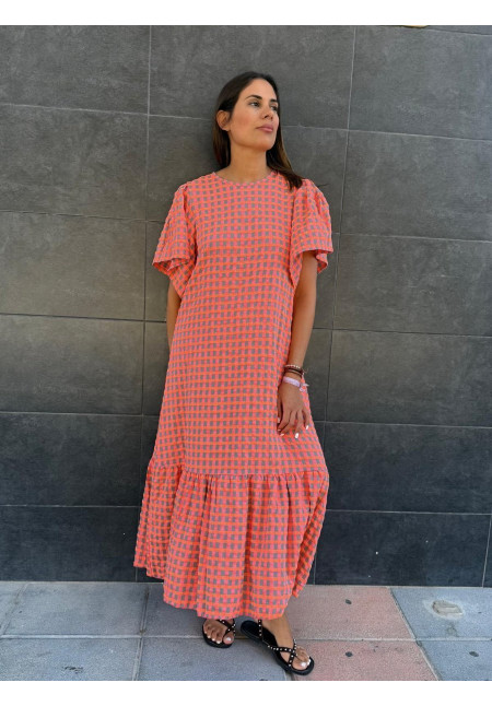VESTIDO VICHY FLUOR MANGA CORTA 11298