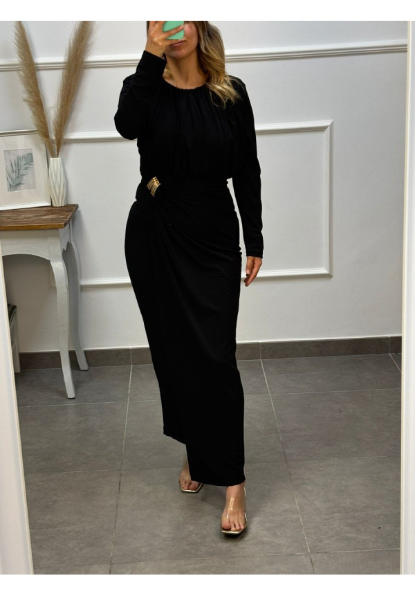 VESTIDO BROCHE DORADO AL LADO MANGA LARGA 19468