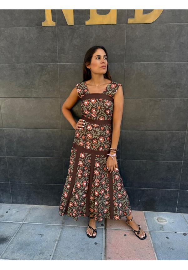 VESTIDO FLORAL VERDE/MARRON TIRANTE VOLANTITO 14610