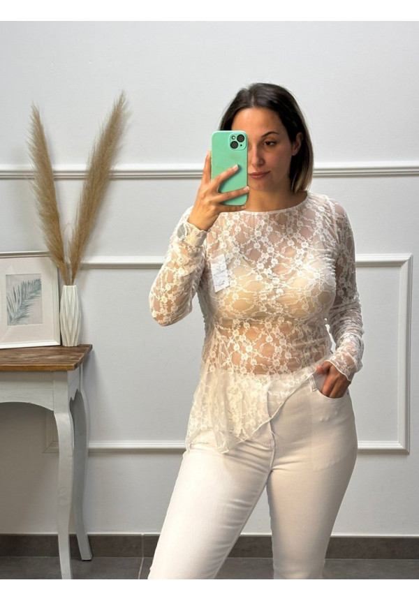 CAMISA MANGA LARGA ENCAJE CORTE CEJADO ABAJO 2062