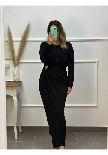 VESTIDO BROCHE DORADO AL LADO MANGA LARGA 19468