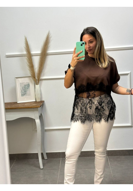CAMISETA MARRON ENCAJE NEGRO ABAJO 26125