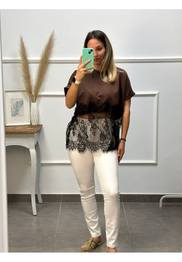 CAMISETA MARRON ENCAJE NEGRO ABAJO 26125