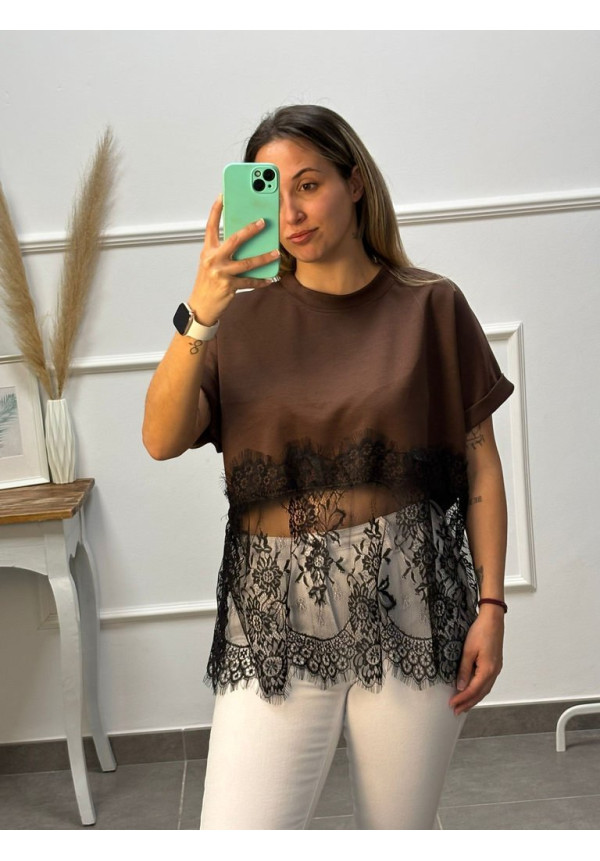 CAMISETA MARRON ENCAJE NEGRO ABAJO 26125