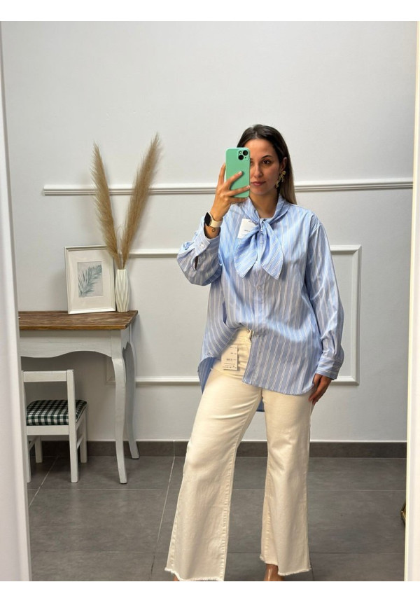 CAMISA RAYAS CON NUDO CELESTE OSCURO