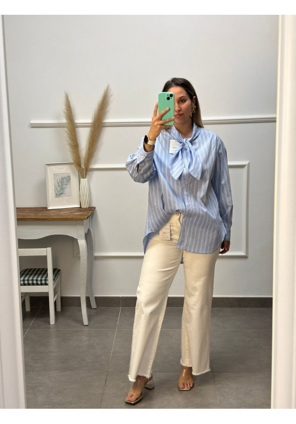 CAMISA RAYAS CON NUDO CELESTE OSCURO