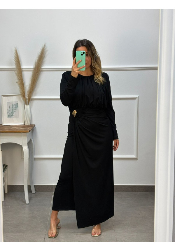 VESTIDO BROCHE DORADO AL LADO MANGA LARGA 19468