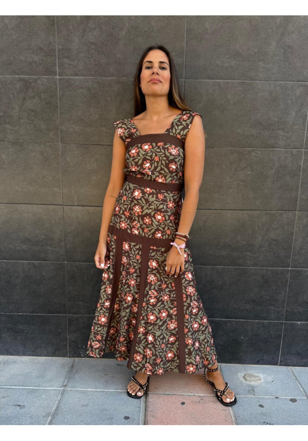 VESTIDO FLORAL VERDE/MARRON TIRANTE VOLANTITO 14610